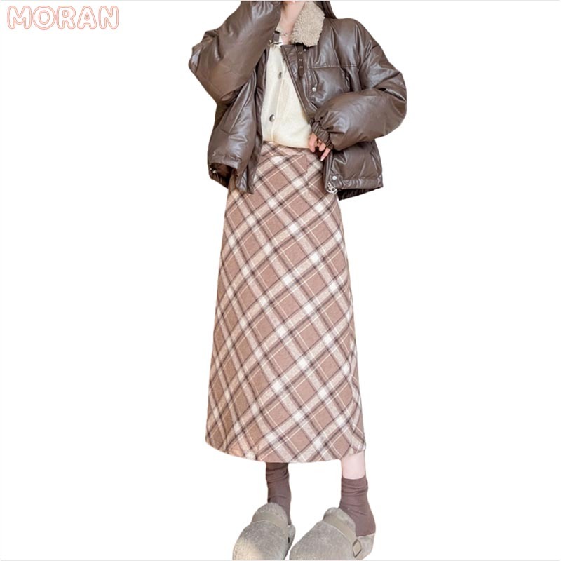 MORAN Rok kotak-kotak, rok panjang kasual wanita