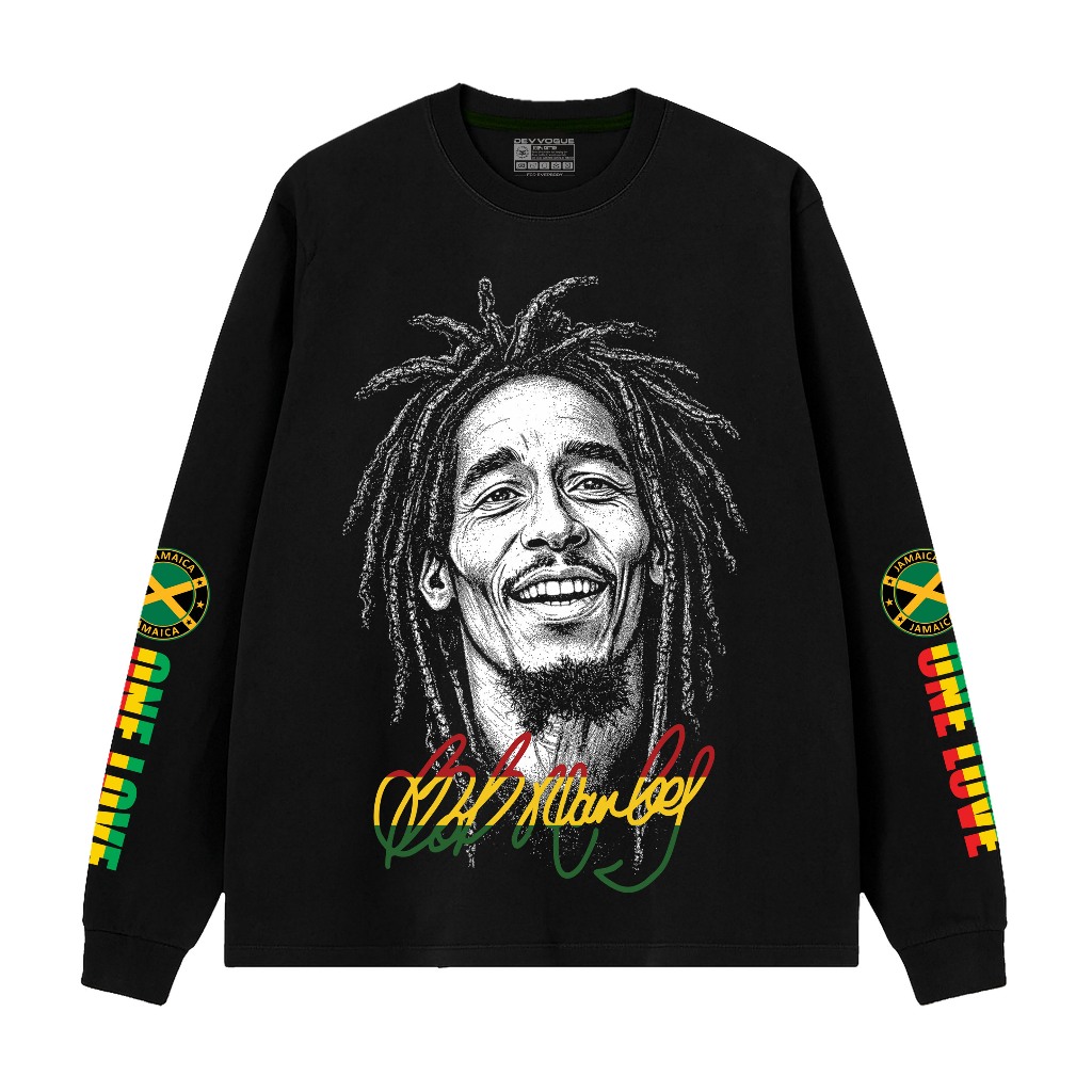 Aolshirt Kaos Bob Marley Signature Lengan Panjang Rib Combed 24s