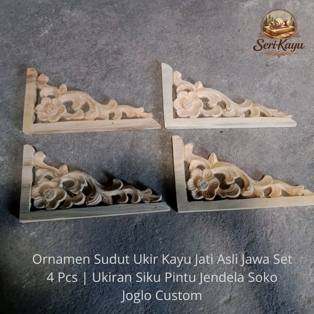 Ornamen Sudut Ukir Kayu Jati Asli Jawa Set 4 Pcs | Ukiran Siku Pintu Jendela Soko Joglo Custom
