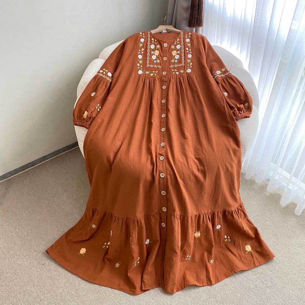 FIERA Gamis Linen Bordir Flowers Lengan Balon - Gamis Umpak Full Kancing