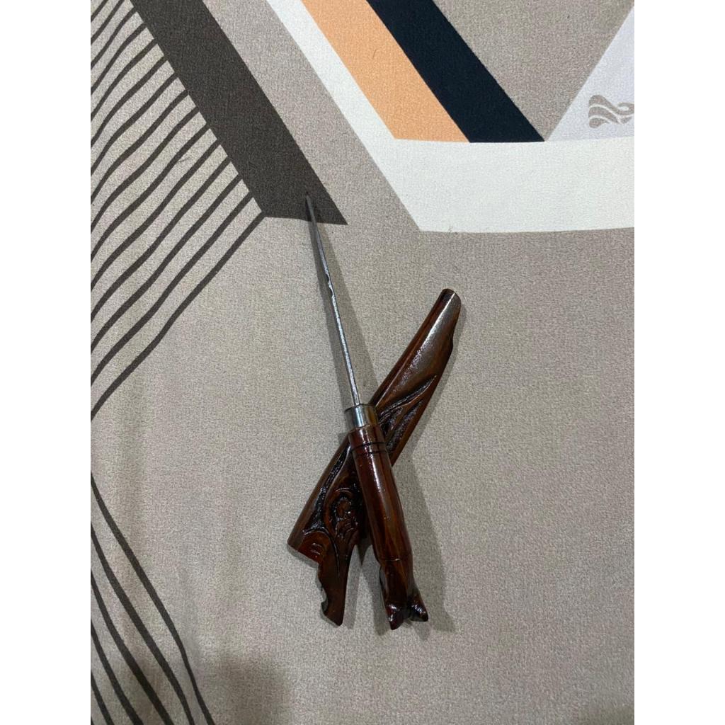 Pisau Tradisional Ukir Mini _ Bilah Baja dengan Gagang Sarung Kayu Motif Eknik
