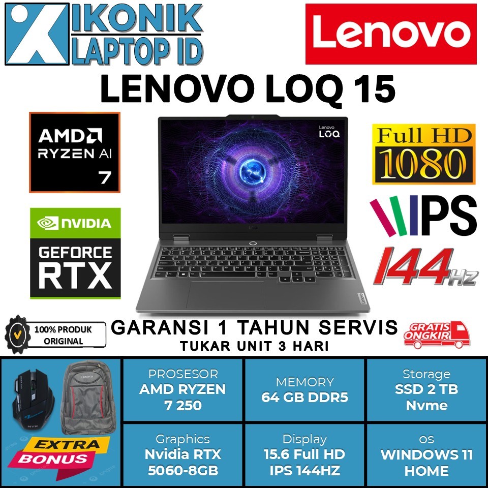 LENOVO LOQ 15 RTX5060 8GB Amd Ryzen 7 8845HS 64GB 2TB SSD 15.6 FHD IPS 100% sRGB 144Hz W11
