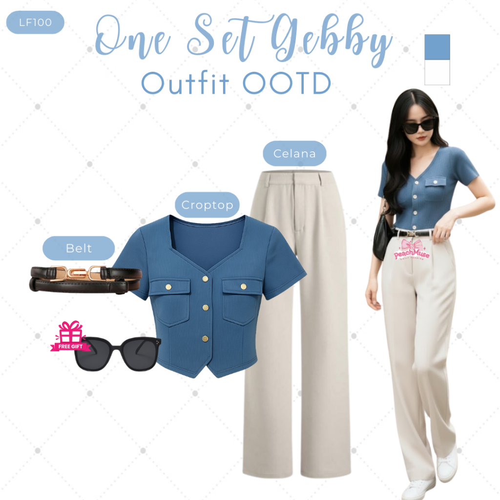 One Set Casual 3in1 | Celana Jennie, Crop Top Gebby, Ring Belt | OOTD Fashion Korea Masakini LF100
