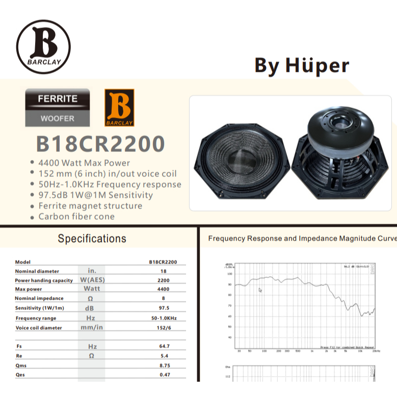 Speaker Komponen BARCLAY by HUPER 18 inch B18CR2200 / B 18CR2200 original