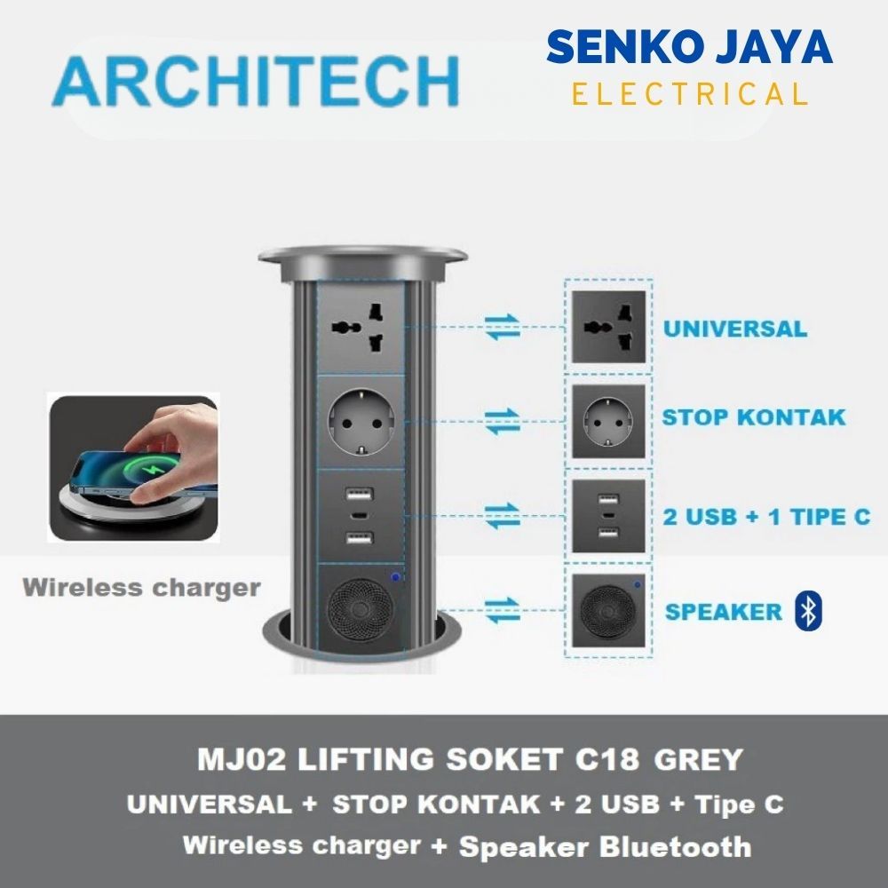 ARCHITECH MJ02  LIFTING SOKET C18 WIRELESS+BLUETOOTH GREY STOP KONTAK MEJA
