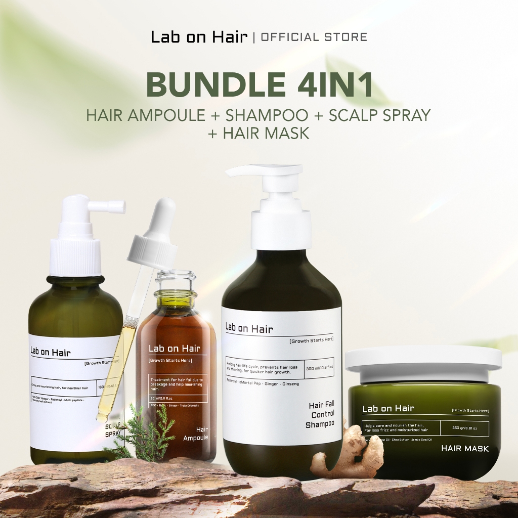 Lab on Hair Bundle 4in1 Shampoo + Ampoule + Scalp Spray + Hair Mask - Paket Lengkap Perawatan Rambut