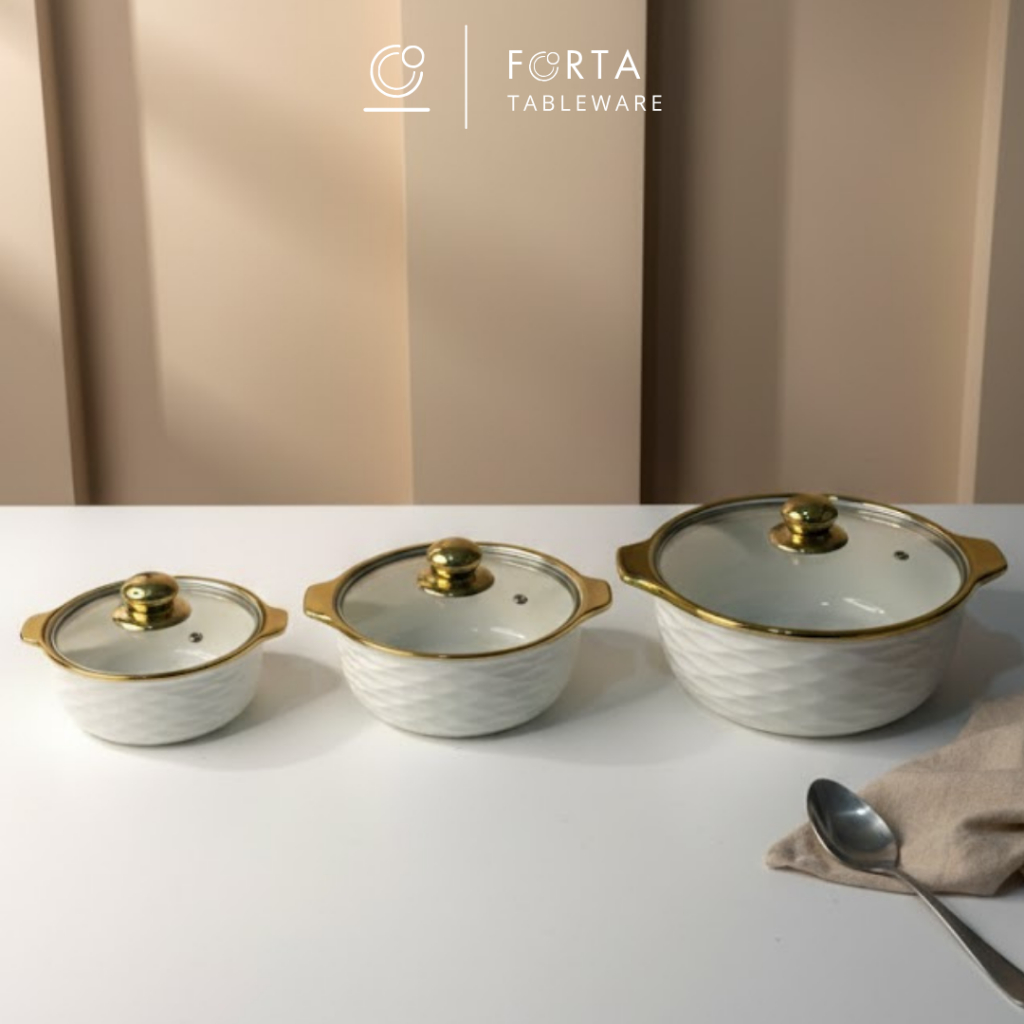 FORTA Mangkok Saji Tutup Kaca Wave List Gold Keramik Premium Unik  / Set Mangkok Keramik Tutup kaca 