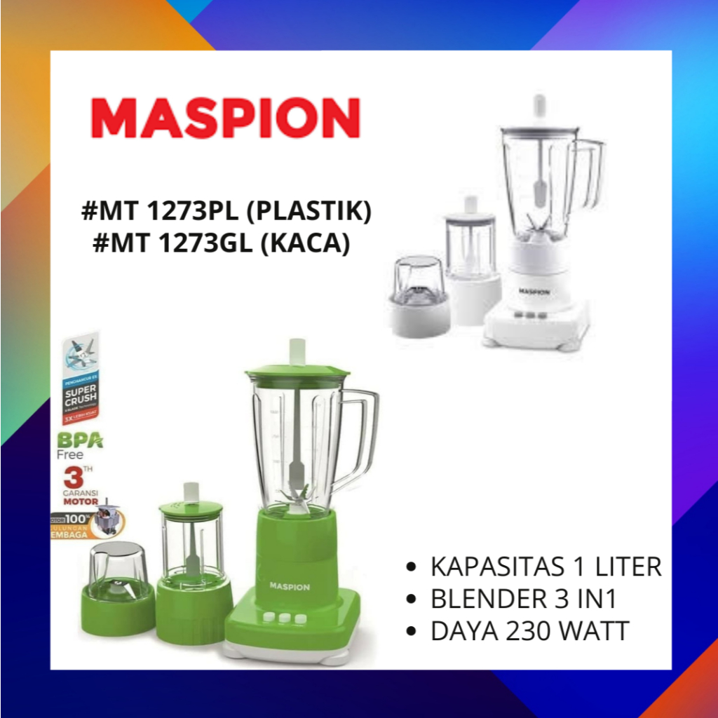 Maspion MT 1273GL/PL blender kaca plastik 1 Liter MT1273 GL MT1273 PL Penggiling Bumbu Basah Kering