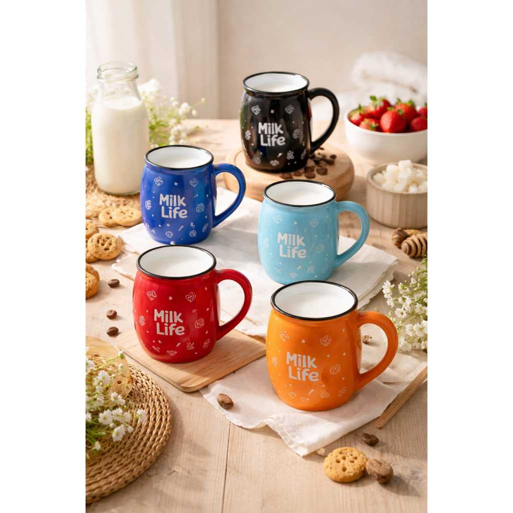 Mug Keramik Milk Life | Cangkir Minum Estetik Warna Pastel | Cocok untuk Susu, Kopi & Teh