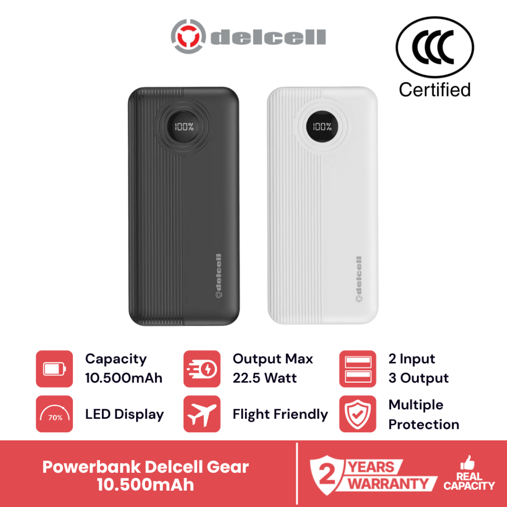 Delcell GEAR Power Bank 10500mAh Digital Display QC 3.0+ PD Putih