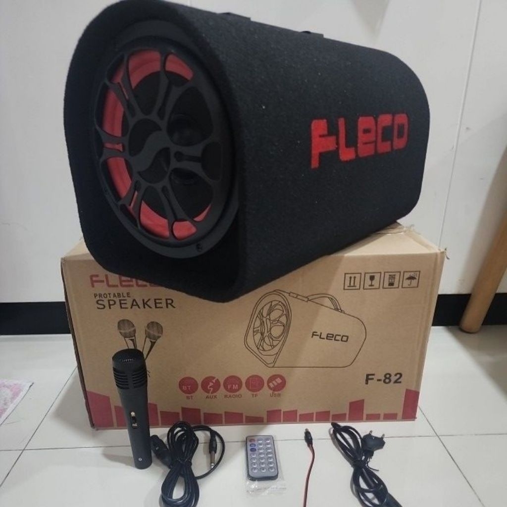 speaker box tabung 8 inch 8" subwoofer karaoke rumah mobil Fleco F 82 USB BT FM bonus mic