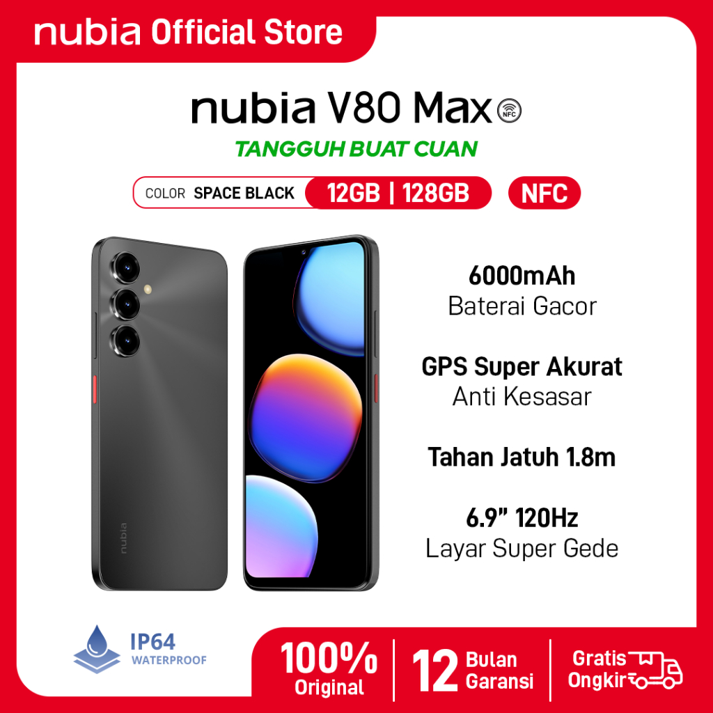 Handphone nubia V80 Max ROM 128 GB RAM 12 GB (6 GB + 6 GB) Smartphone Layar 6.9" HD 120Hz, Baterai 6000mAh Fast Charging GPS Turbo - Gambar 4