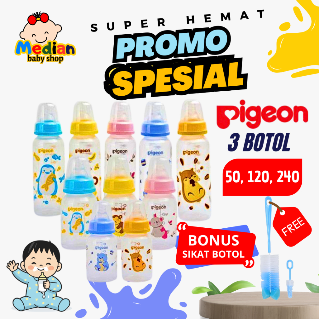 Pigeon Paket 3 Botol Susu Bayi Peristaltic Dot Nipple Ulir 50 mL 120 mL 240 mL  Bonus Sikat Botol