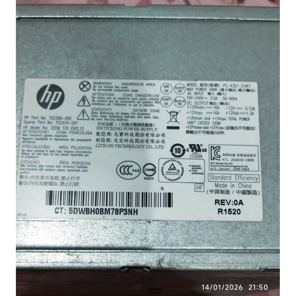 PSU BUILTUP HP PS-4321-1HB - 320W HP PC9057 - 320W Power Supply for HP Pro 6000 6200 6300 Elite 8000