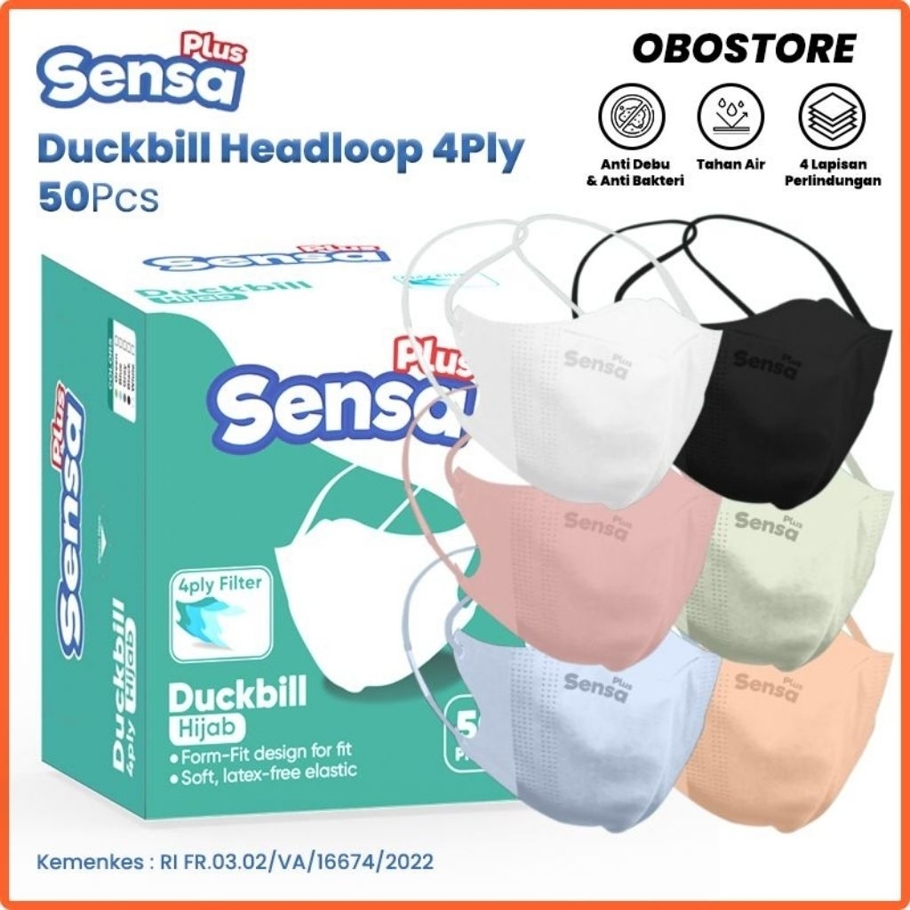 Masker Hijab Duckbill  Sensa Plus 4ply | Duckbill Headloop 4ply 50pcs Free box
