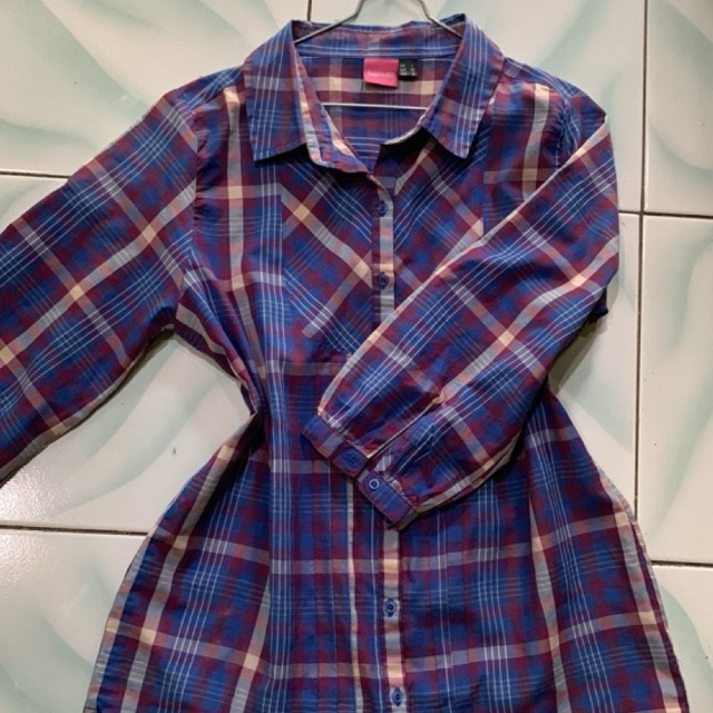 Kemeja Wanita Preloved L | Kotak Biru Ungu | Katun Adem | Casual Daily no