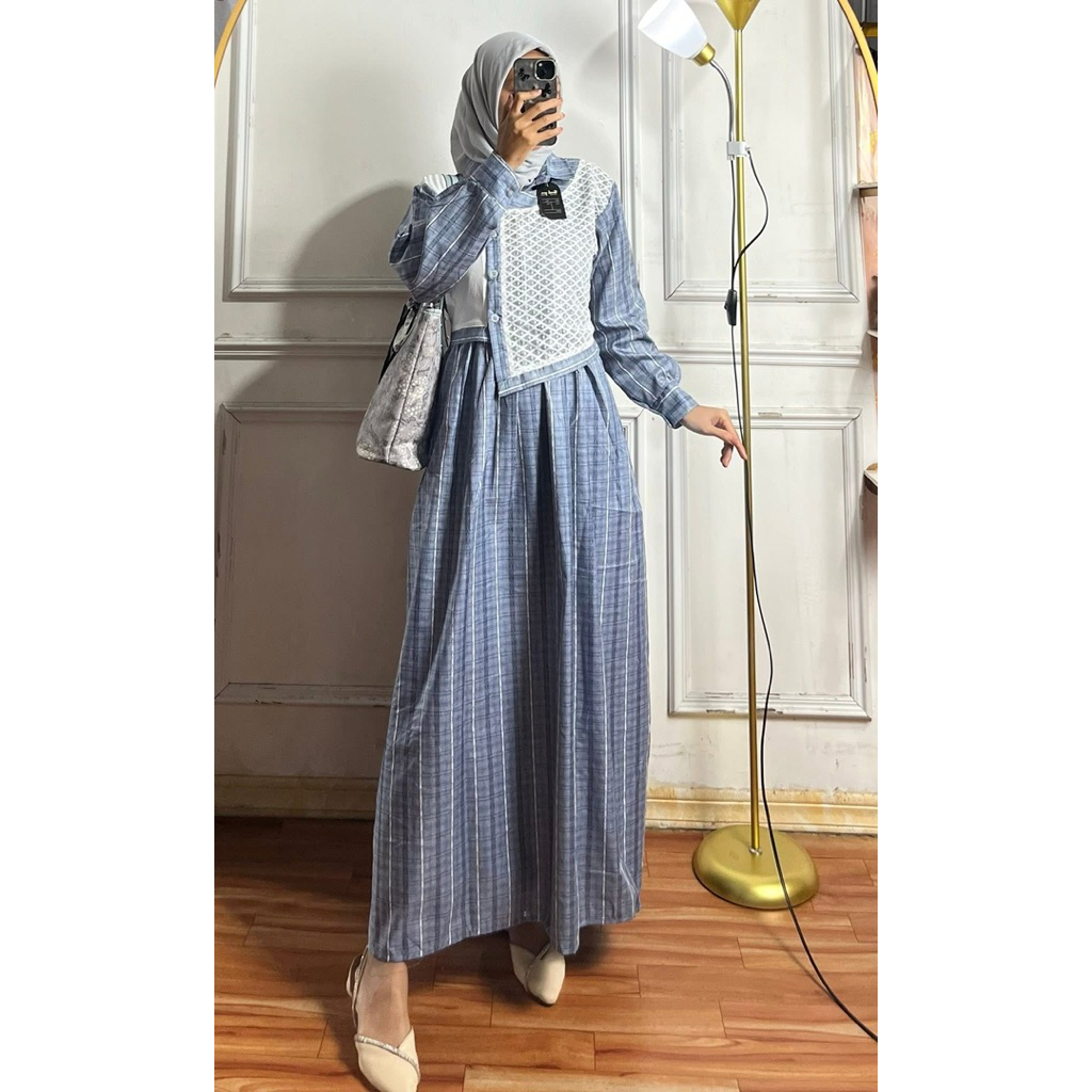 Setelan Tunik Triset dobby One set tunik motif salur kotak One set kekinian