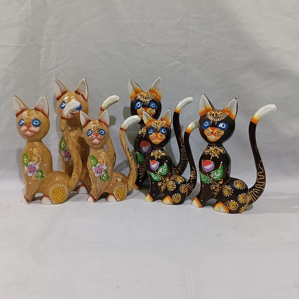 Set 3 Patung Kucing Kayu Handmade Bali Hiasan