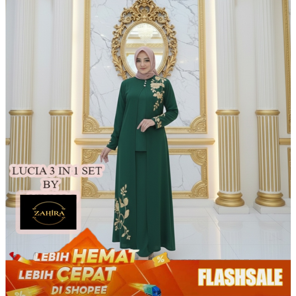 Diskon Setelan Celana Gamis Long Tunik II Baju Bordir Dubai II Lucia 3in1 Set
