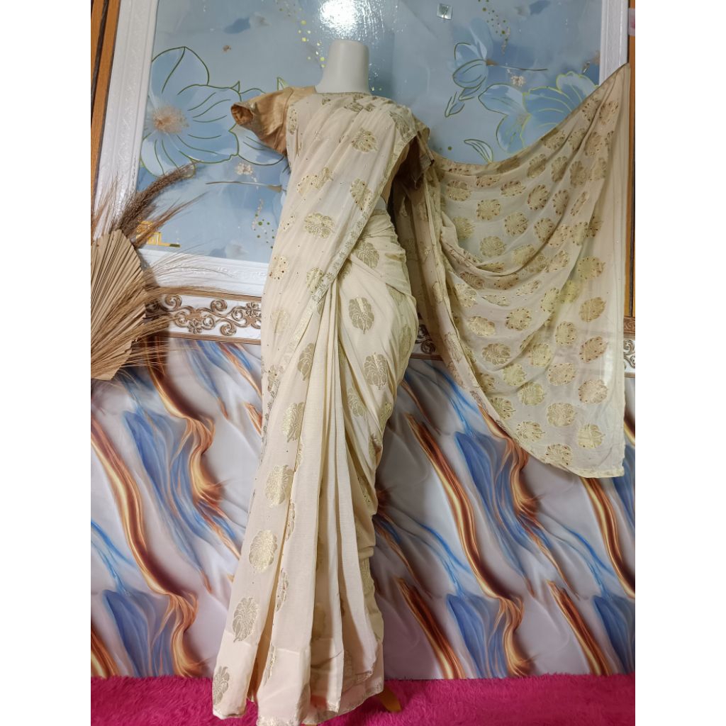 BAJU INDIA/ SAREE INSTAN SHIFON PUTIH BW/ ASLI CANTIK SERASI
