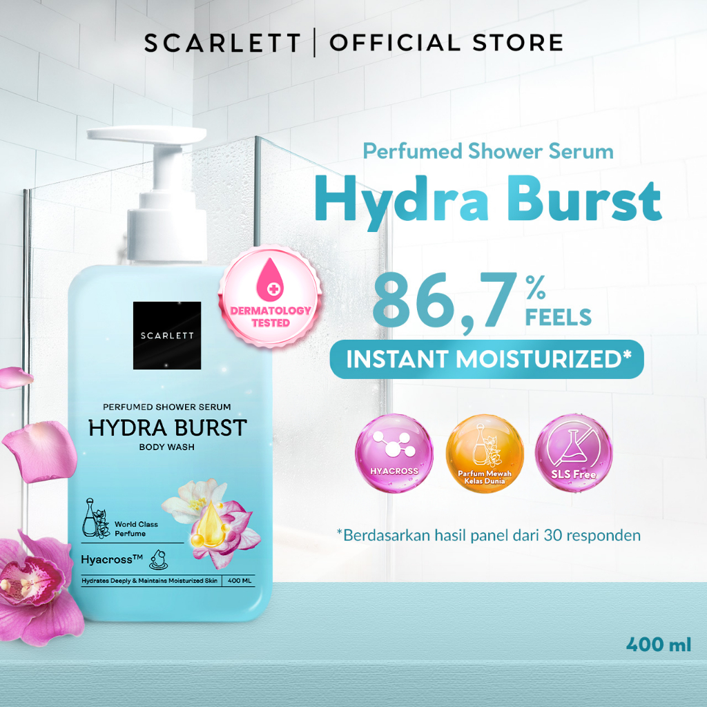 SCARLETT Perfumed Shower Serum 400ml – Hydra Burst | Hydrating Shower Gel dengan Hyacross™ | Sabun M