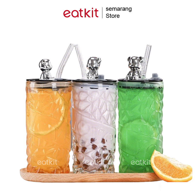 Eatkit Tumbler Gelas Kaca 500ml | Tumbler Kaca Aesthetic Botol Mug Kopi | Tumbler Gelas Kaca Bear Li