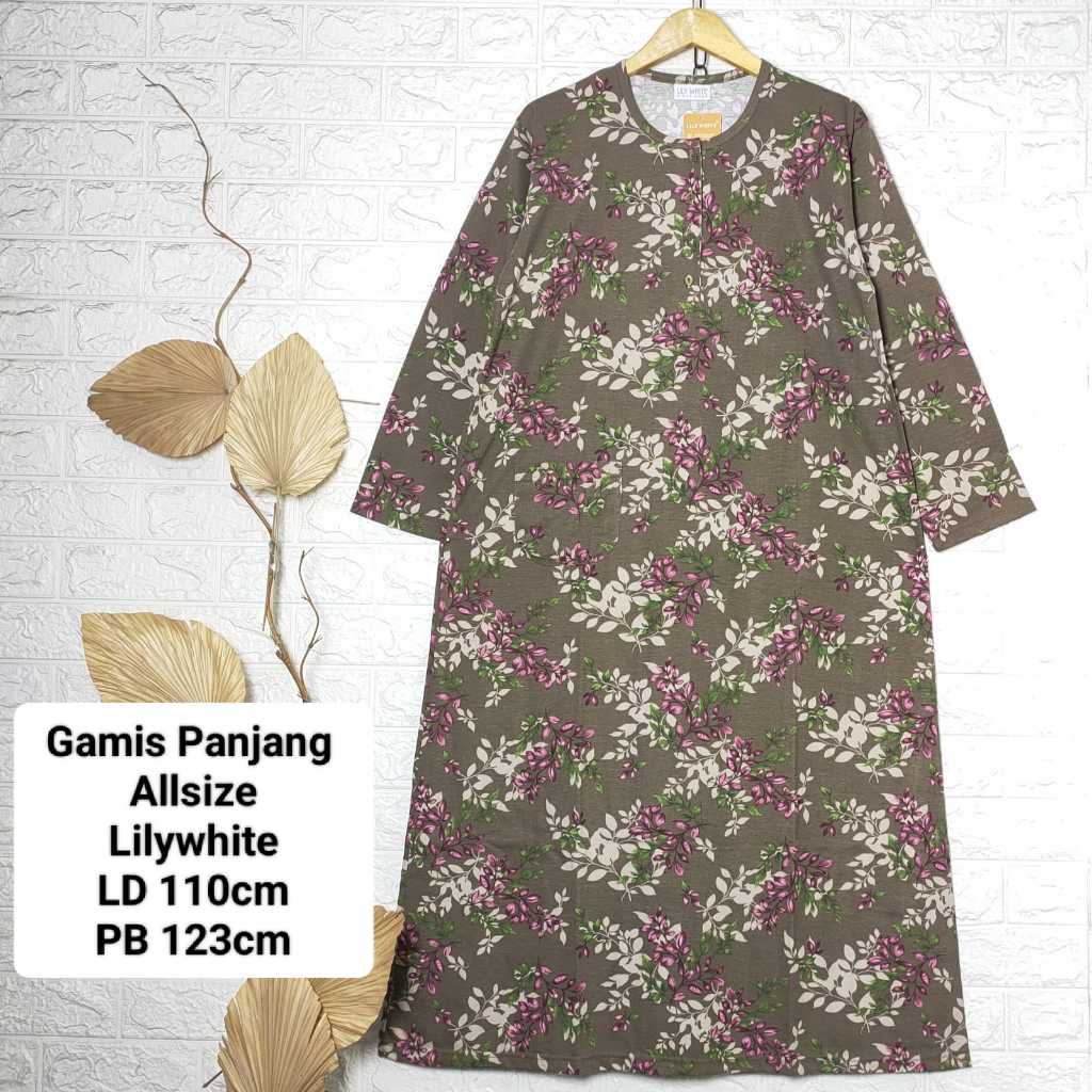 Gamis Bahan Kaos Lengan Panjang Full Motif Bunga Eksklusif Lily White