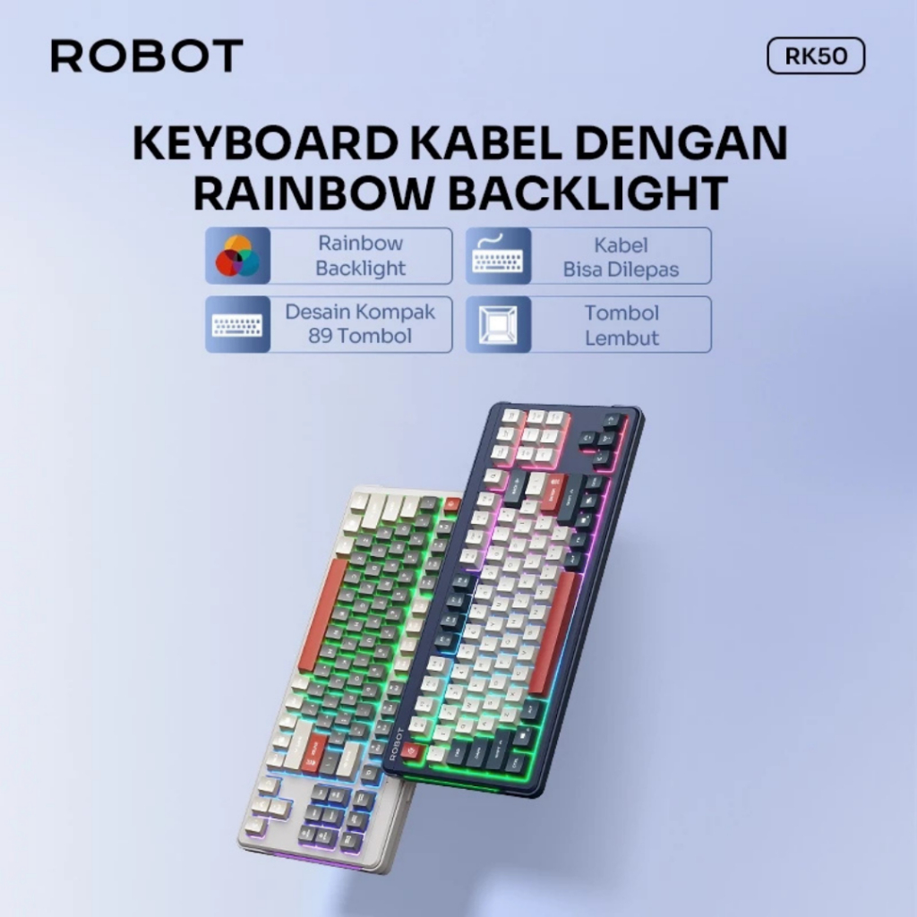 ROBOT Keyboard Kabel RK50 RGB Rainbow Backlight Type C 89 Tombol Kompak Senyap Ergonomis Original