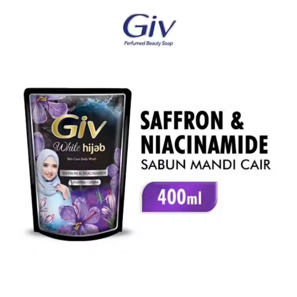 SABUN MANDI CAIR GIV WHITE HIJAB SAFFRON & NIACINAMIDE 400 ML