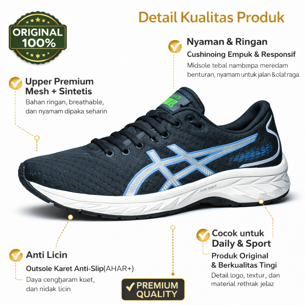 Sepatu Volly Running Asics Hitam Biru Pria Wanita Sol Empuk Anti Selip Sepatu Jogging Dan Olahraga V