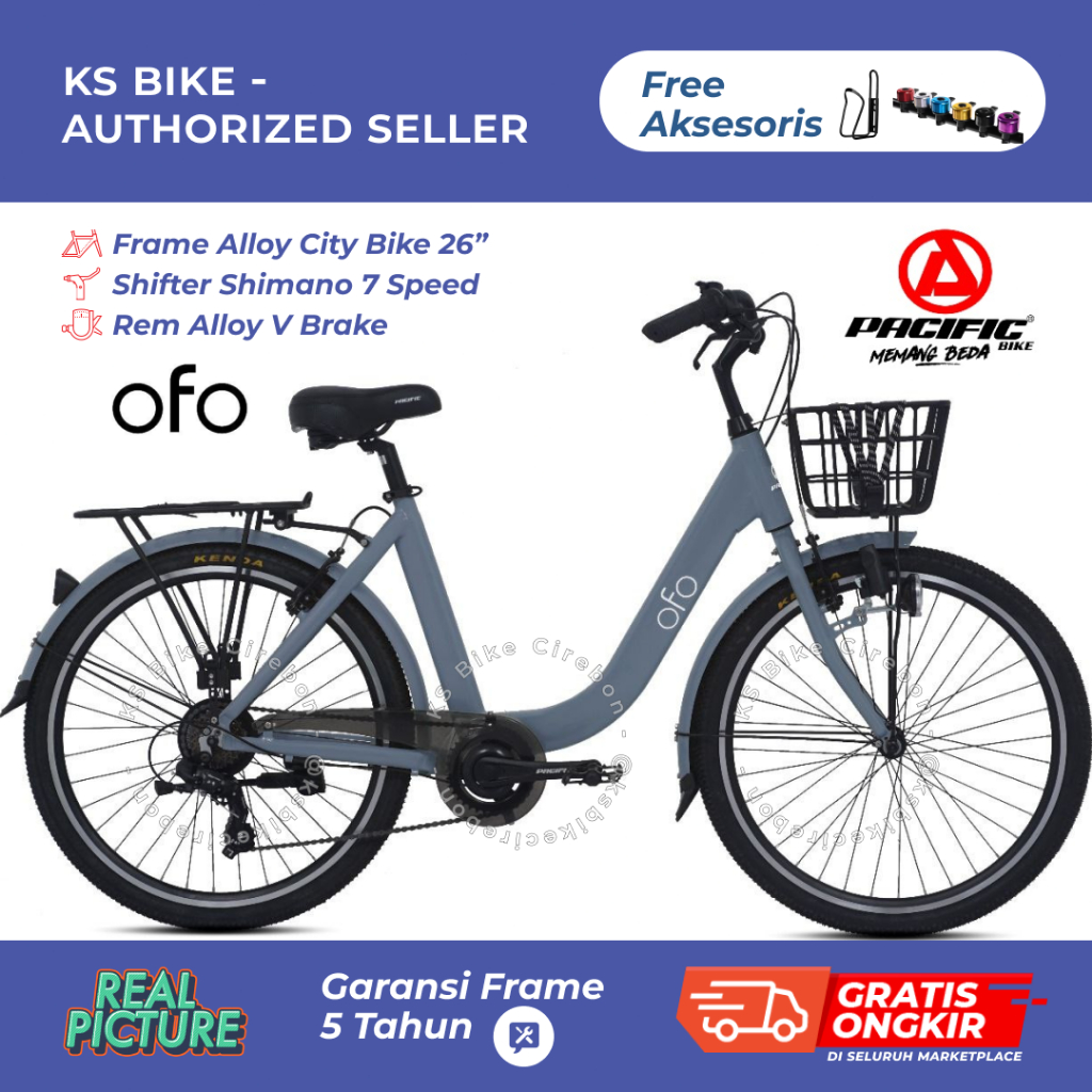 Sepeda City Bike 26 Inch Pacific Mini Ofo Sepeda Kota Keranjang 7 Speed Frame Alloy Rem V Brake Sepe