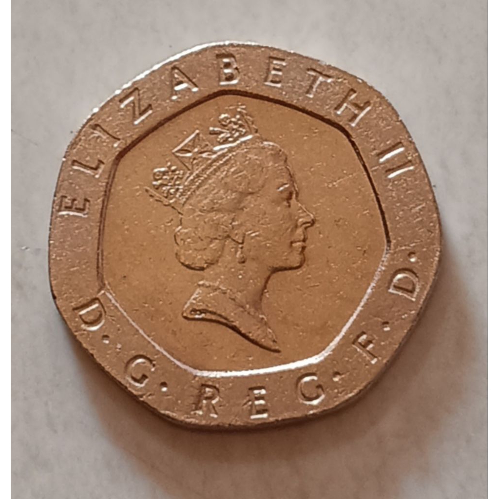 koin Inggris 20 pence tahun 1992..