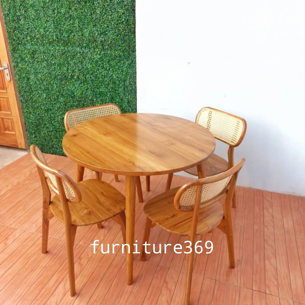 meja makan bulat 4 kursi minimalis kayu jati, set meja makan bulat 4 kursi kayu jati