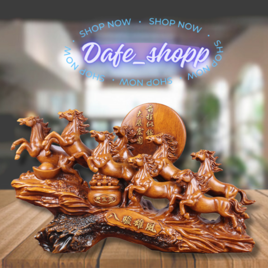Dafe - Patung Kuda Feng Shui - Coklat – Pajangan 8 Kuda Pembawa Hoki, Sukses & Rezeki (32×20×11cm)