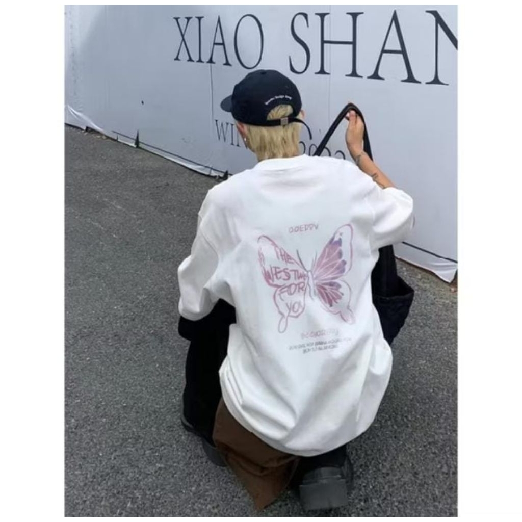 T-shirt Oversize Pink Butterfly On The Black Baju Kaos Korean
