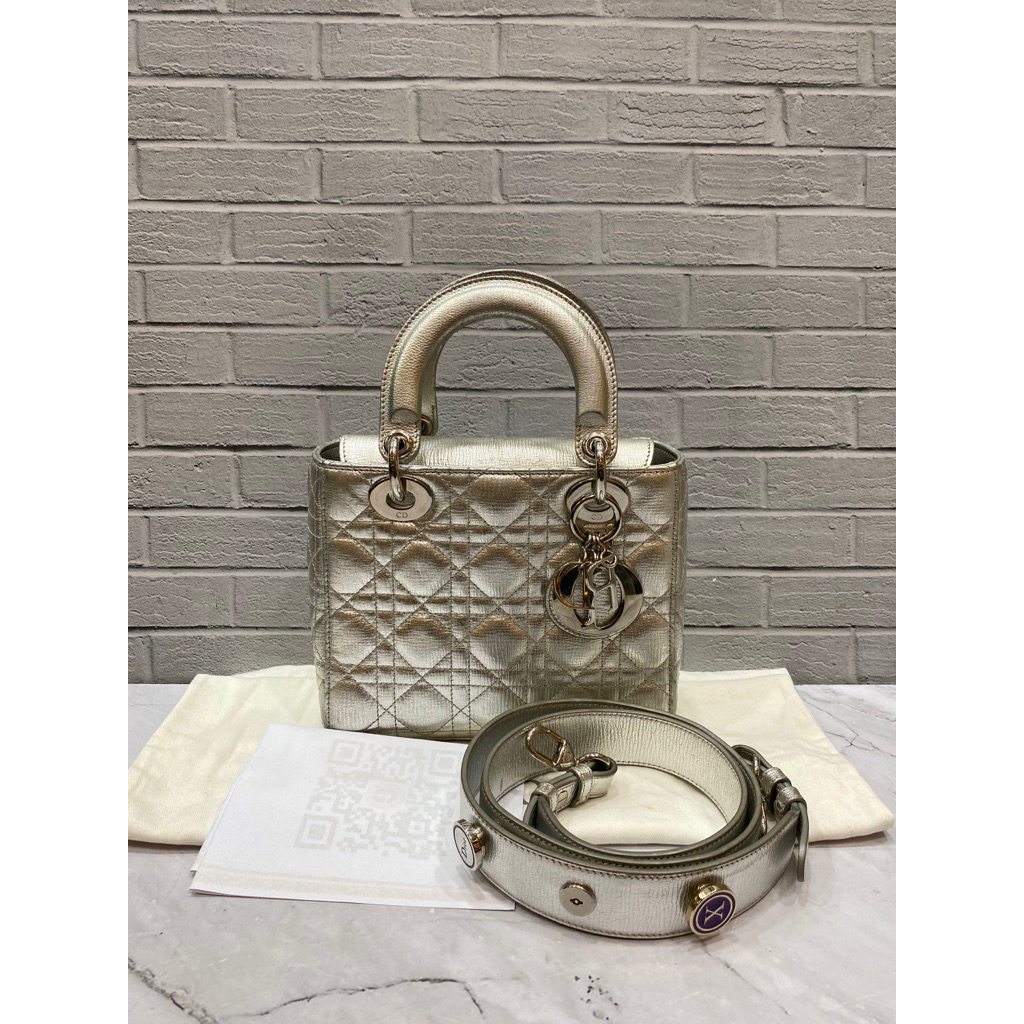 Lady Dior Small  pin Grey Lambskin GHW 20117 Size 20 x 18 x 8 cm Dustbag Longstrap entrupy