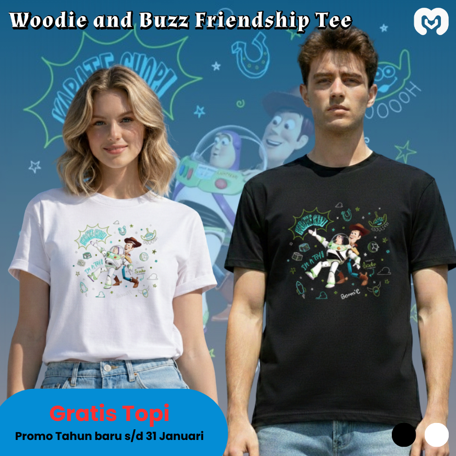 Moova - Woodie and Buzz Friendship Tee, Toy Story, Disney - Cartoon Edition/Kaos Unisex + Bonus Topi
