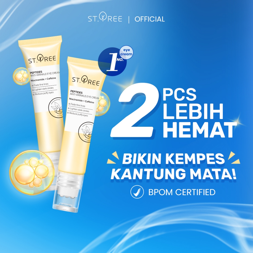 [2PCS Lebih Hemat] ST.TREE Multi Peptides Anti-Wrinkle Eye Cream 15 gr | Serum Perawatan Mata dengan 3D Roller Massager - Krim Mata dengan Niacinamide dan Caffeine untuk Mencerahkan, Menyamarkan Kerutan, Garis Halus dan Mengencangkan