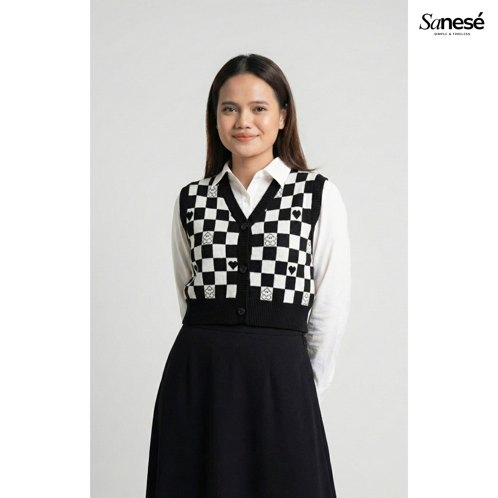 Sanese- Crop Knited Vest/Rompi Rajut Crop Premium Tebal Motif Love Atasan Wanita