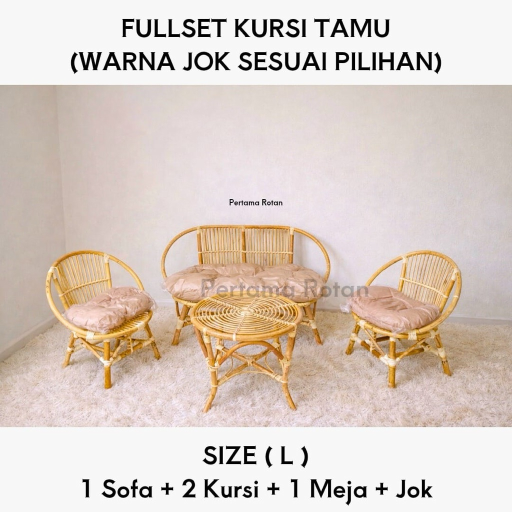 Kursi tamu dan teras rotan size L fullset dengan jok/Kursi rotan Momon L