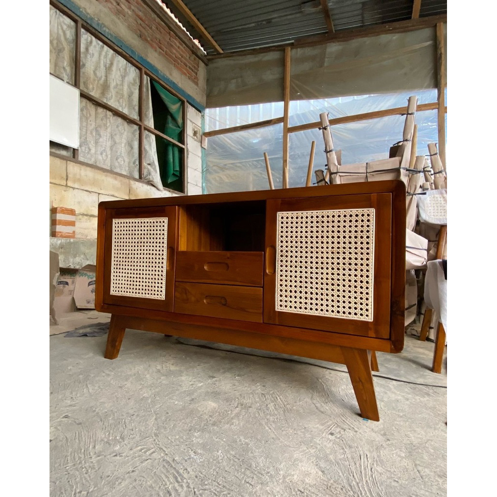 bufet tv rotan retro kayu jati kabinet tv rotan