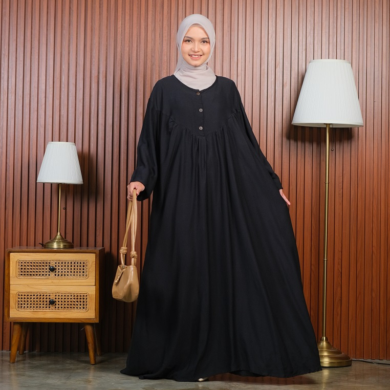 Gamis Putih Hitam Rayon Twill Jumbo LD 140 Panjang Syari Muslim Wanita Nalsa Dress Maxi Lebaran