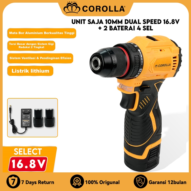 COROLLA Bor Listrik 16.8V/21V 2 Baterai Cordless Bor Tangan Multi Fungsi Bisa Bor Besi Beton Kayu Be