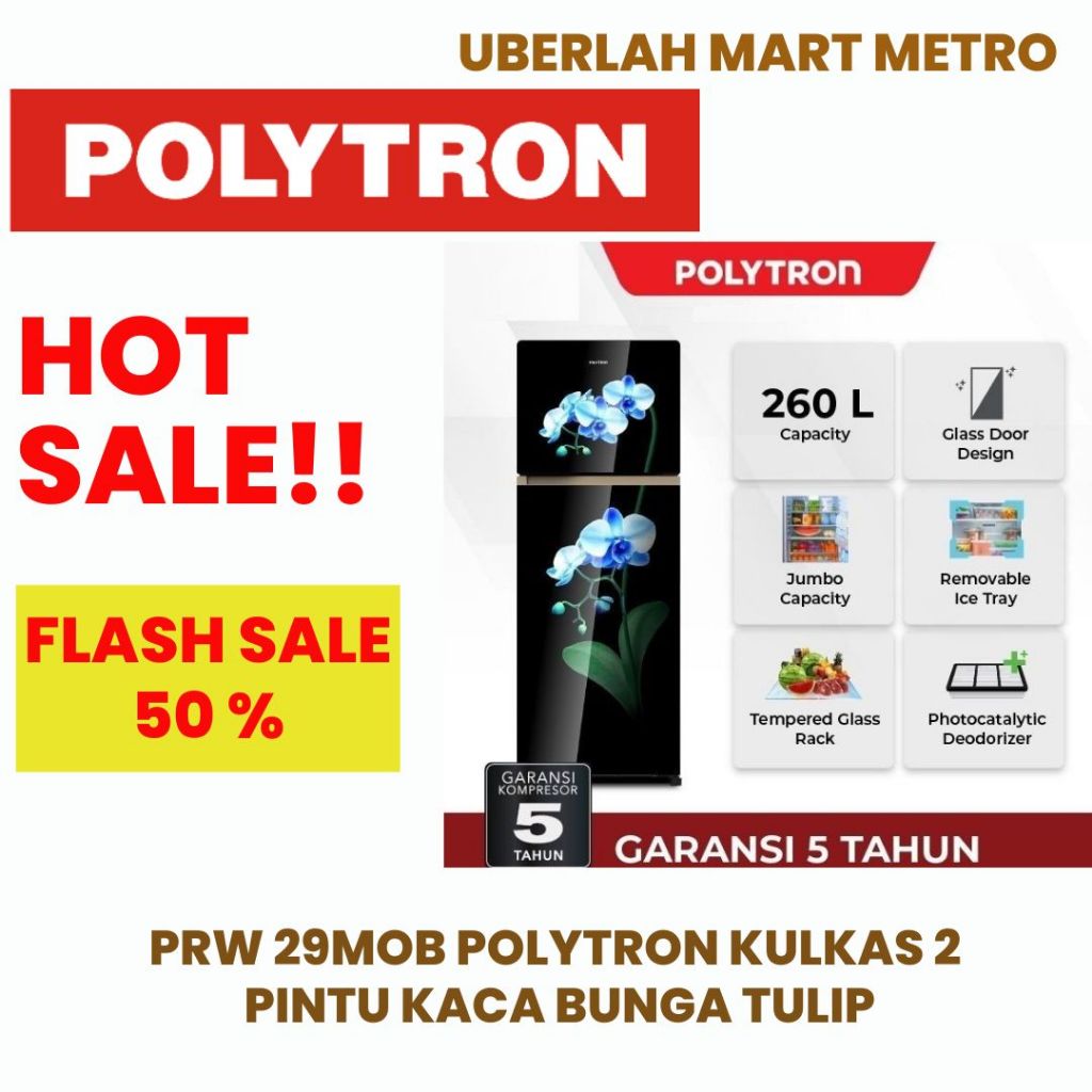POLYTRON KULKAS 2 PINTU KACA HITAM BUNGA PRW 29MOB