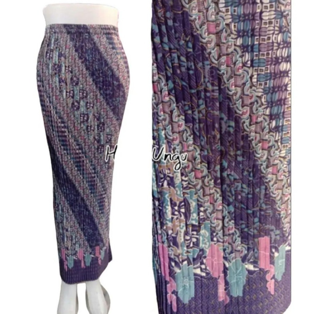 Rok Batik Wanita Model Plisket Motif Hana Ungu Bahan Semi Sutra Nyaman dan Elegan