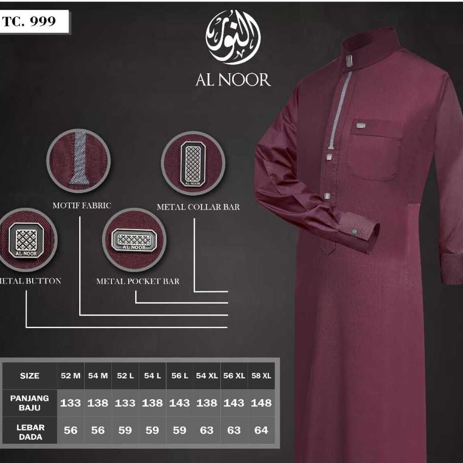 Jubah Al Noor Premium Slimfit Pria Katun Bordir Lengan Manset Warna Size Dewasa