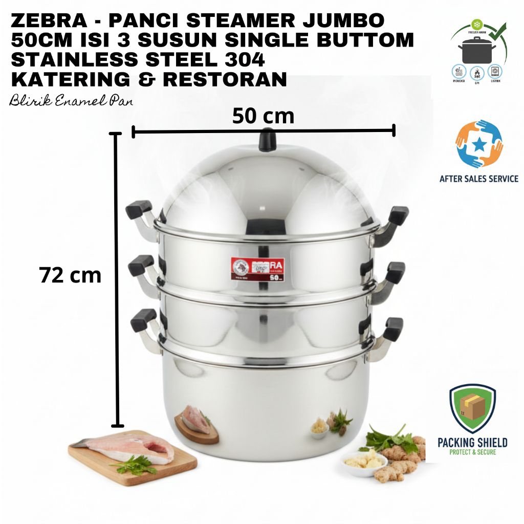 Zebra - Panci Steamer Jumbo 50cm Stainless Steel 304 Isi 3 Susun Single Buttom - Kukusan Kapasitas E