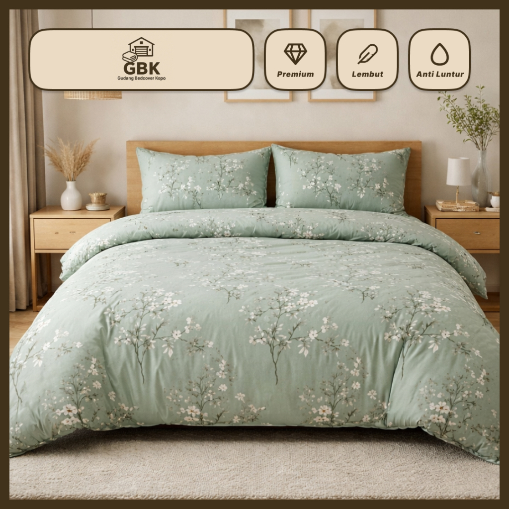 Bedcover Set Sprei Sarung Bantal Guling - Motif Bunga - Green Floral - Bed Cover Set Sprei 180x200 -