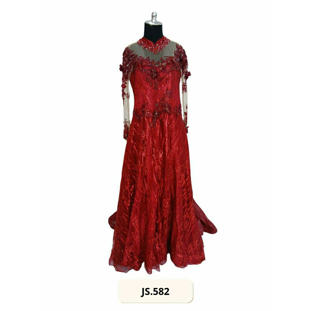 GAUN PESTA PRELOVED  WARNA MERAH MAROON MODEL LENGAN PANJANG  (JS.582)