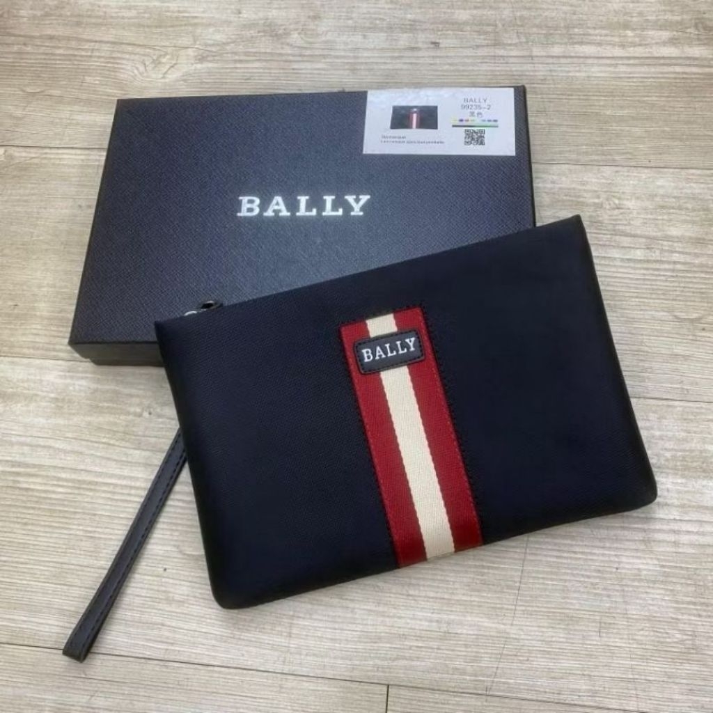 TAS BALLY POUCH PRIA ELEGAN HITAM GARIS MERAH PUTIH - MEN CLUTCH HANDBAG BAHAN NILON PREMIUM AAA QUA